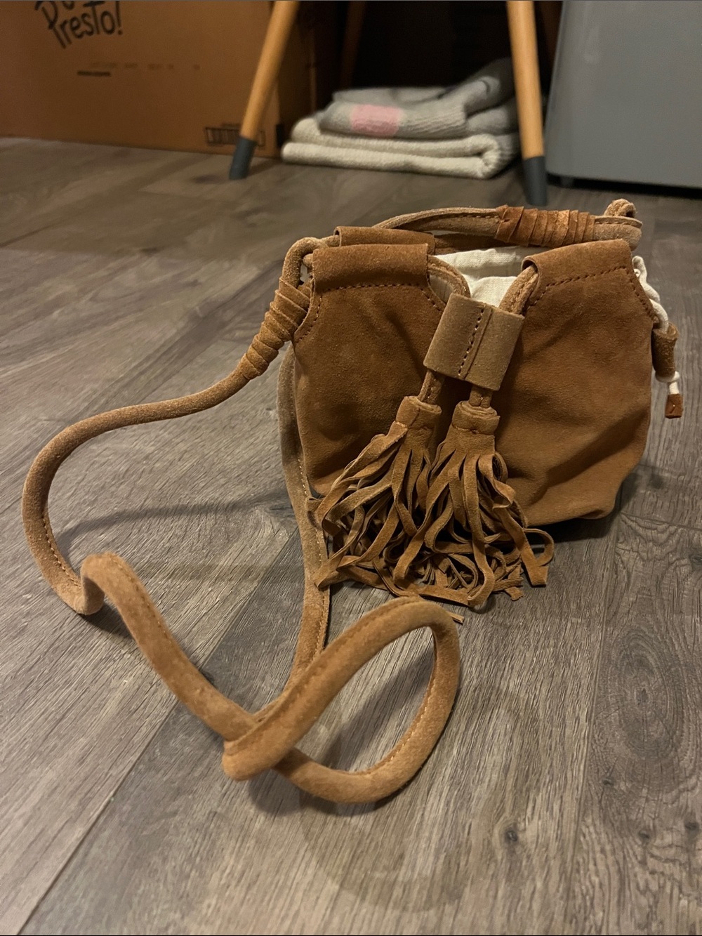 Nwt zara girl Brown Suede Fringe Drawstring Crossbody Bag